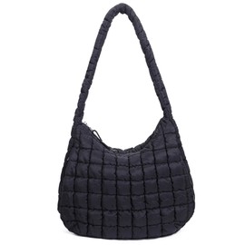 Quilted Tote Bag for Women Large Puffer Carryall Bag Lightweight Puffy Padding Hobo Shoulder Bag Crossbody Ladies Purse (Black)