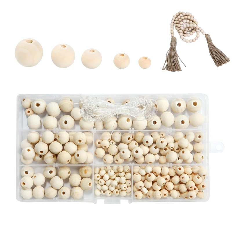 220 Pcs Wooden Beads for Crafting, Round Wood Beads 6-14mm