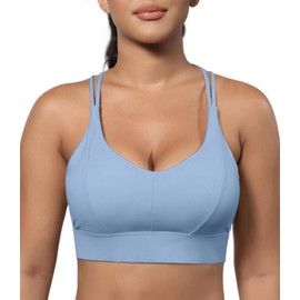 Grace Form Sports Bra for Women Strappy Medium Support Push Up Padded Sports Bra for Running Workout Bra Yoga Bra Grey Blue