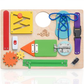 deMoca Sensory Busy Board for Toddlers, Premium Wooden Toddler Busy Board for 1 2 3 Year Old with 10 Educational Activities for Fine Motor Skills, Fidget Activity Toy for Travel