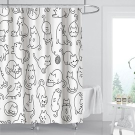 IcosaMro Cat Shower Curtain for Bathroom with Hooks, Black and White Cute Cartoon Colorful Kittens Funny Decorative Long Cloth Fabric Shower Curtain, 71x72 Inches