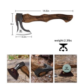 WICING Splitting Axe, 14.8 - inch Camping Hatchet with Leather Sheath, Chopping Axe 1055 High Carbon Steel and Beech Wooden Handle