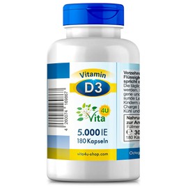 Vitamin D3 5000 IE Depot | 180 vegane Premium-Kapseln | vegan & hochdosiert | 5-Tage-Dosis Vitamin D3 | frei von Zusatzstoffen & Gentechnik