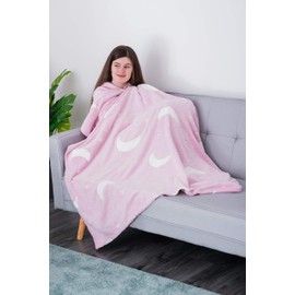 FiNeWaY Glow in The Dark Throw Blanket Flannel Moon Star Unicorn Gifts for Kids Girls Boys Adults Bedroom Cosy Warm Super Soft Plush Fleece Faux Fur (Moon & Stars Pink)