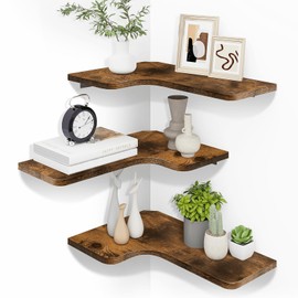Homode Corner Floating Shelves, Corner Shelves Wall Mounted with Cord Hole, Set of 3 L Shape Wood Wall Storage Shelves for Living Room Bedroom Bathroom Kitchen, Rustic Brown