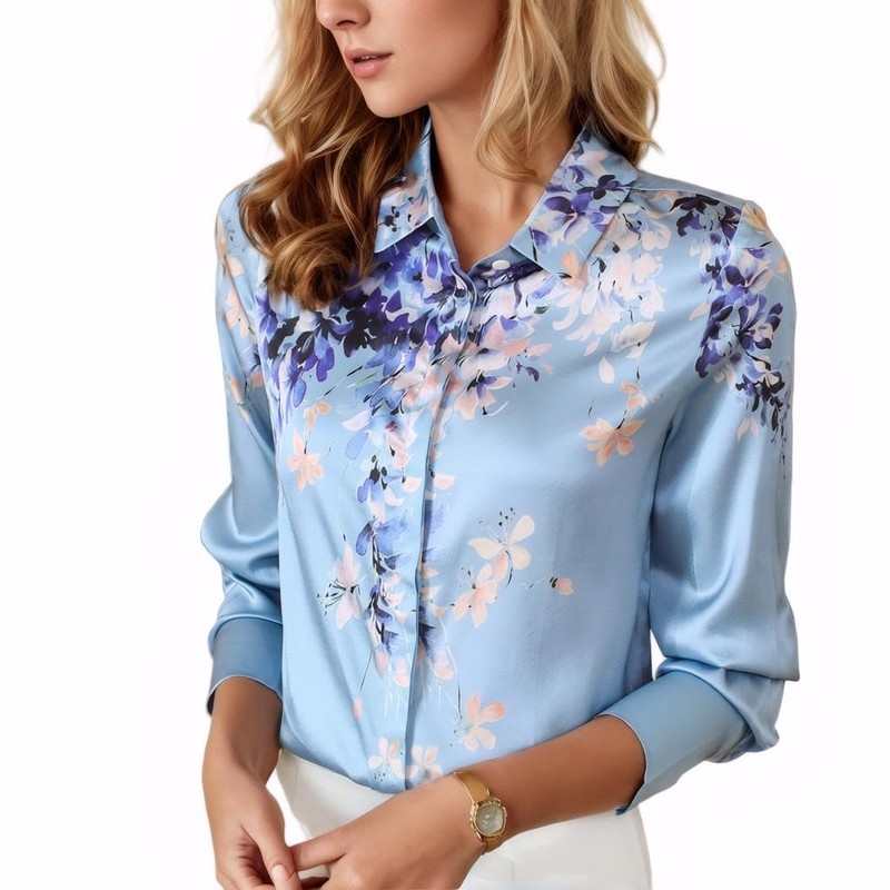 MAAYKOM Women's Printed Flowers Commercial Long Sleeved Casual Loose Lapel