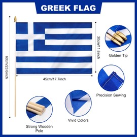 Yingnner 12 Pack Greece Stick Flags Small 12x18 Inch Greek Hand Held Flags with 24 Inch Wooden Pole Decorations