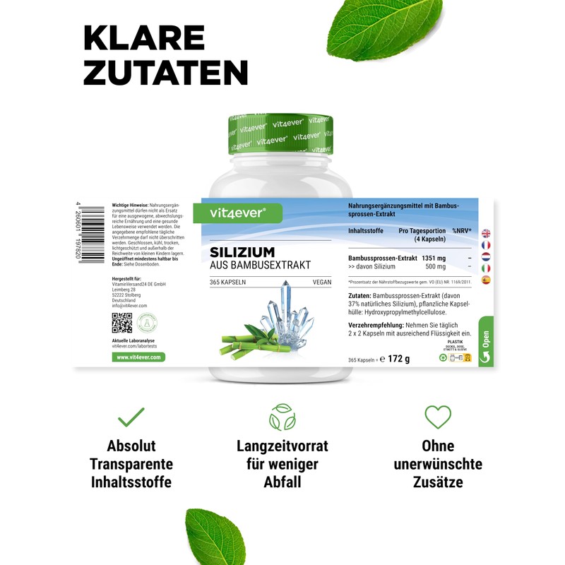 Silicon, 365 capsules with 500 mg organic silicon per day,