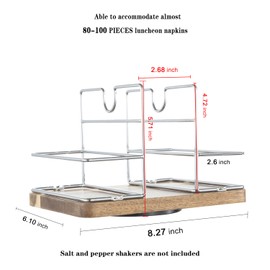 Napkin Holder for Table, Wood Base Rotating Napkin Holder with Salt and Pepper Shakers, Rotating Standing Napkin Dispenser for Kitchen Dining Table Decor, Not Including Shakers - Silver