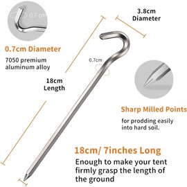 Tent Pegs, 18 cm Tent Pegs, Metal Tent Hooks, Aluminium Pegs, Pegs for Hard Floors, Ideal for Garden, Camping, Fishing and Camping