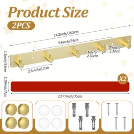 Tolare 2 Pcs Gold Coat Rack Wall Mount with 5 Hooks, 14.2" Gold Wall Hooks for Hanging Coats Towels Hats Bags Keys, Dual Mounting Options (No Drill/Drill), Brushed Stainless Steel Utility Organizer