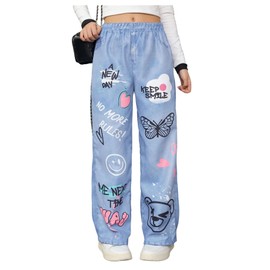WDIRARA Girl's Cartoon Graphic Baggy Jeans Cute Elastic Waist Wide Leg Denim Pants Blue 12Y