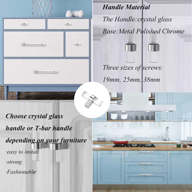 BonKuDoo Crystal Glass Drawer Pulls, 6-3/10 Inch Chrome Cabinet Pulls