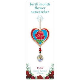 Birthmonth Flower Sun-Catcher Mobile - Stained Glass Effect - Sparkling Crystal Heart Adorned - Embellished with Hand-Crafted Beadwork (June - Rose with Heart)