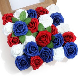 SITUMEIZI 4th of July Flowers Patriotic Flowers 25Pcs Fake Foam Roses for Independence Day Floral Arrangement Table Centerpieces Home Decor (Red, Blue, White)