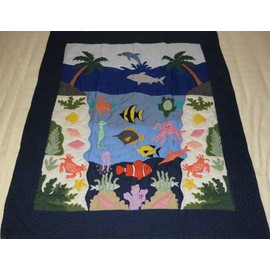 Hawaiian Quilt Baby Blanket/Wall Hanging, hand quilted and machine embroidered Under the Sea