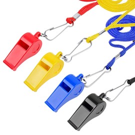 IKR 4 Packs Plastic Whistles With Lanyard Set For Coach Referee Sports Match Survival Emergency 4 Colors Black Blue Yellow Red
