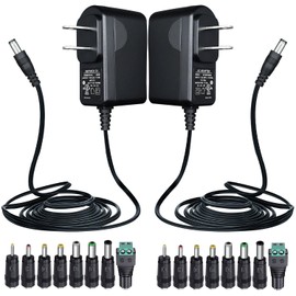 UL Listed 2 Pack 12V 1A 10ft Power Adapter with 8 Interchangeable Tips, AC to DC 1000mA 12W Regulated Power Supply Cord for LED Strip Lights BT Speaker Router Webcam CCTV Camera and More