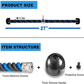 Tricep Rope Cable Attachment Pull Down 27 inch Heavy Duty Handle Nylon Rope Anti-Slip with Steel Hook for Gym Workout Exercise (Blue 27'')