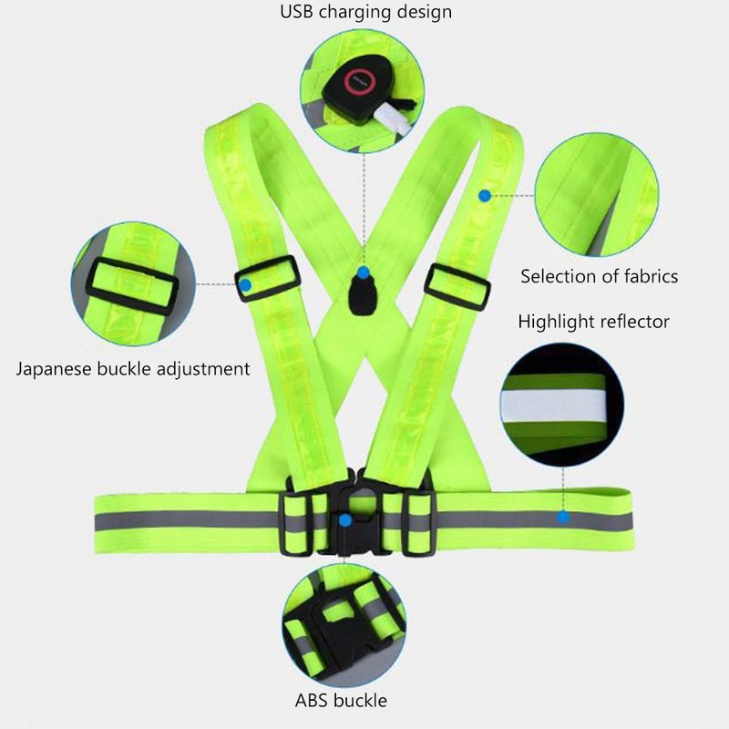 LED Reflective Safety Vest Adjustable USB Rechargeable Vest Warning Vest