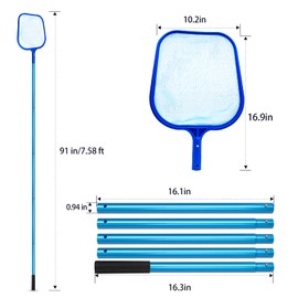 Pool Skimmer Net 7.58 Foot Leaf Skimmer Net with 5 Aluminum Pole Sections - 6" Deep Ultra Fine Mesh Netting Bag Basket for Fast Cleaning of The Finest Debris, Clean Spas, Ponds