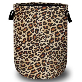 Brown Leopard Laundry Basket with Sturdy Handles, Natural Animal Skin Print Collapsible Oxford Cloth Laundry Hamper Organizer Basket for Bathroom Bedroom 15.7x20 Inch