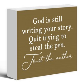 Luipk God Is Still Writing Your Story,Wood Box Sign Desk Decor, Christian Scripture Bible Verse Prayer Room Earthy Yellow Decor Wooden Block Sign Decorations for Home Office Wall Tabletop Shelf