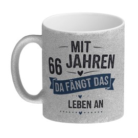 speecheese Mit 66 Jahren beginnt das Leben Glitzer-Kaffeebecher Perfektes Design Geburtstags- Jubiläumsgeschenk In Weiß Schwarz Blau erhältlich 66 Jahre Feiern