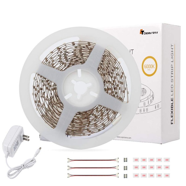 White LED Strip Light, CT Capetronix LED Light Strip White, Daylight Bright LED Tape Light, for Bedroom, Kitchen, Closet, Under Cabinet, Vanity Mirror, Indoor Only (Dimmer Included).