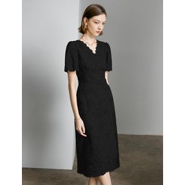 CyperRiver Women's Lace Floral V-Neck Dress with Puff Sleeves and Back Zipper, Elegant and Romantic Design, Black