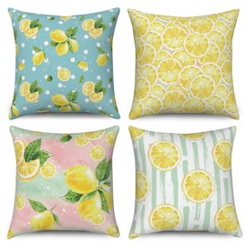 ASDCXZ Cushion Cover 40x40 cm 4pcs Set, Summer Fruit Yellow Lemon Green Leaves Blue Rose Sofa Cushion Covers Cushion Covers Washable Polyester Flax Textile Outdoor Pillow Cover Cushion Cover