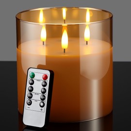 Retisee 1 Pcs 6'' x 6'' Extra Large Flameless Candles, 3 Wick Glass Large Candles with Remote Control and Timer Function, Real Wax LED Pillar Decor Flickering for Home Party Decor (Gold)