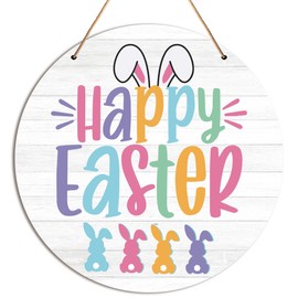 Happy Easter Bunny Door Sign, Spring Bunny Welcome Decor, Easter Door Hanging Sign, Easter Wooden Hanging Sign for Front Door Wall Decor, Spring Wooden Sign Indoor Wall Hanging Decoration-A12