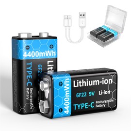 HIKITMATE USB-C Rechargeable 9V Batteries | 2-Pack 4400mWh High Capacity Li-ion with 2-in-1 Charging Cable for Smoke Alarms Microphones Toys | 2-Hour Quick Charge & 1200+ Cycles