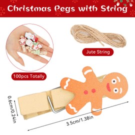 100pcs Christmas Mini Pegs, Wooden Clips with Jute String, Xmas Card Holder Pegs for Photography Craft Card Ornaments Hanging Christmas Tree Wall Decoration