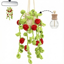 Cute Air Freshener for Car, Crochet Car Accessories Air Freshener, Cute Rear View Mirror Accessories, Handmade Crochet Plant for Cars, Red Rose