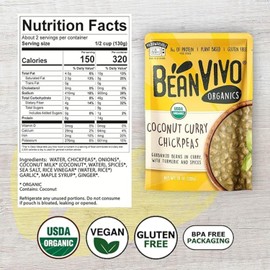 BeanVIVO (Pack of 3) Organics 14g Plant based Protein Coconut Curry Chickpeas - Good Source of Fiber - Nutritious & Microwave Meals - Gluten-Free Plant Food - 10 oz
