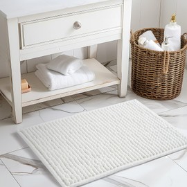 FRESHMINT Thick Chunky Chenille Bathroom Rugs 17"x24", Non Slip Bath Mat for Bathroom Floor, Small Soft Bathroom Decor Accessories, Cute Shower Mat Water Absorbent, Washable, Bright White