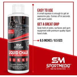 SPORTMEDIQ Pro Grade Liquid Chalk – Mess Free Professional Hand Grip for Gym, Weightlifting, Rock Climbing, Gymnastics, Rock Climbing - Dries in Seconds - 8.5 Oz