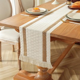 Niviy Boho Table Runners 36 Inches Long Farmhouse Macrame Small Table Runner Cotton Linen Woven Table Runners for Spring Dining Table Home Decor, Beige & Brown