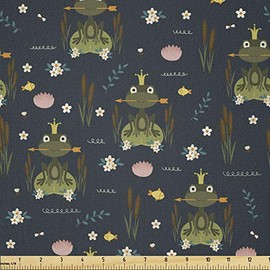 Lunarable Frog Fabric by The Yard, Whimsical Cartoon Crowned Cartoon Characters Holding Elements on a Pond Lake, Microfiber Fabric for Arts and Crafts Textiles & Decor, 3 Yards, Multicolor