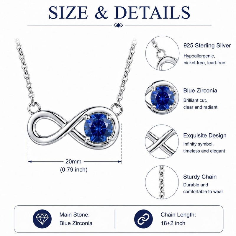 Molioaki 925 Sterling Silver Infinity Necklace for Women, Round Blue
