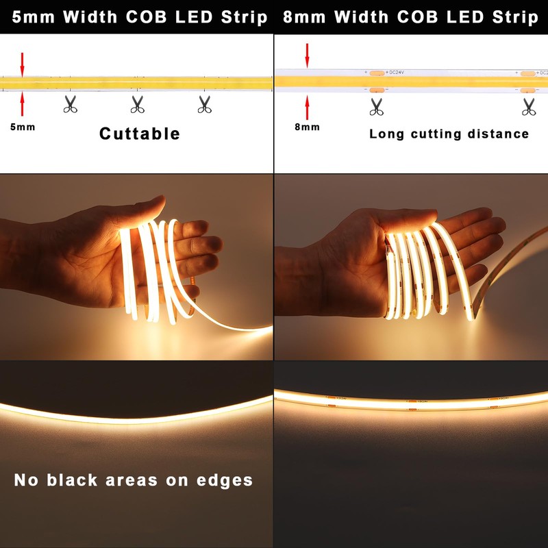 TOPAI 12V Thin 5mm COB LED Strip Waterproof 3000K Warm