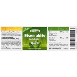 Greenfood Iron active, 30 mg, 180 tablets, high dose, high availability, well tolerated. Good for the formation of red blood cells. No artificial additives. No genetic engineering. Vegan.