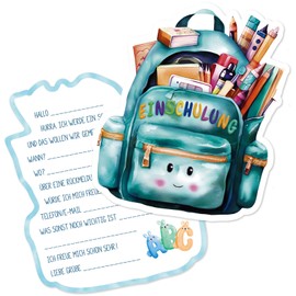 BETESSIN Set of 12 School Invitation Cards Boy Blue – School Cards in Cute School Bag Design – School Invitations for Boys and Girls School Party etc.