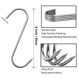 12 Pcs Stainless Steel Meat Hooks, 8 Inch S Shaped for Hanging Bacon, Sausage, Ribs, Drying, Grilling BBQ Market