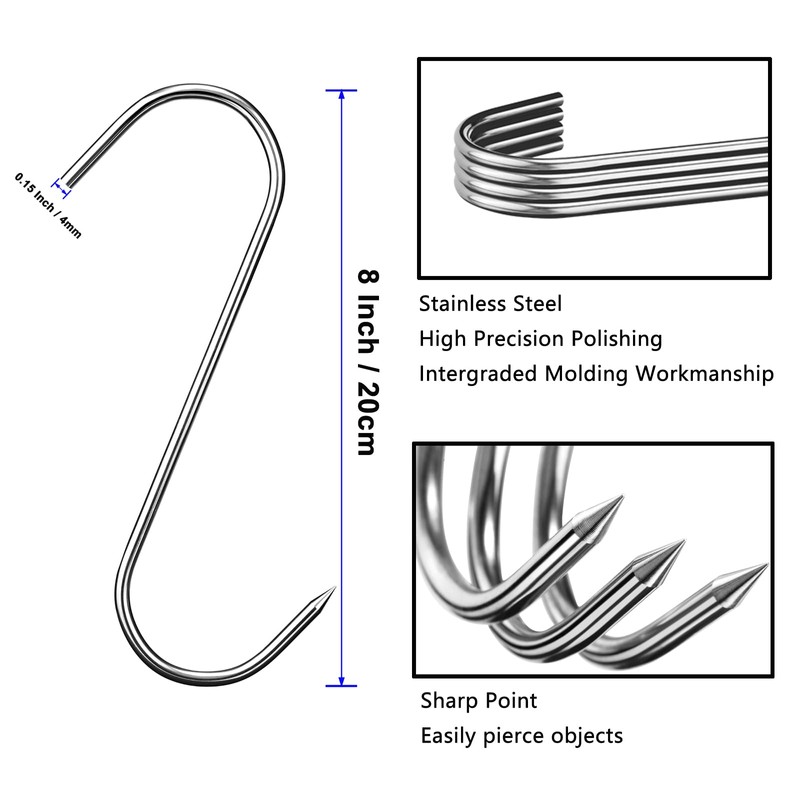 12 Pcs Stainless Steel Meat Hooks, 8 Inch S Shaped