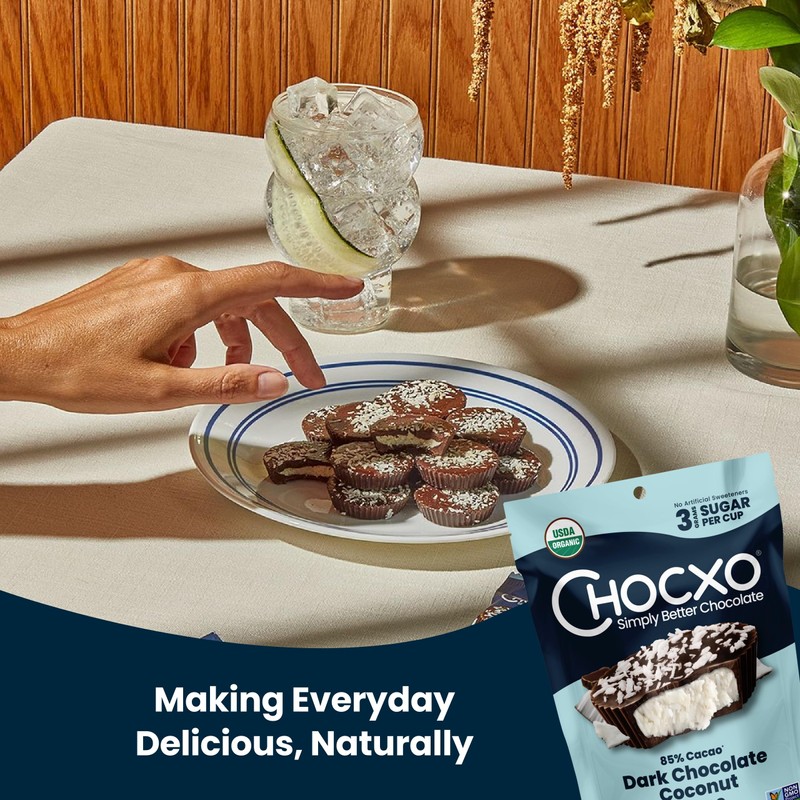 ChocXO Dark Chocolate Coconut Cups, 85% Cacao, 3g Sugar per
