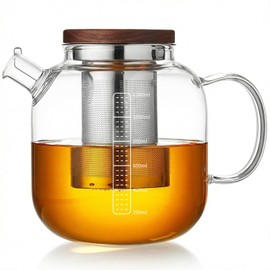 Tetera de vidrio con infusor y tapa, tetera de vidrio de borosilicato de 40 onzas con mango resistente al calor, infusor de malla de acero inoxidable para hojas sueltas y té floreciente, apta para estufa y microondas