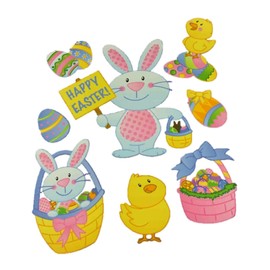 Spring or Easter Reusable Window Clings, Bunny with Happy Easter Sign and Easter Baskets, Eggs and Baby Chicks (8 Clings, 1 Sheet)